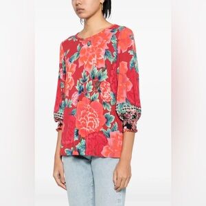 JOHNNY WAS  All-Over Floral Print T-Shirt red green medium top